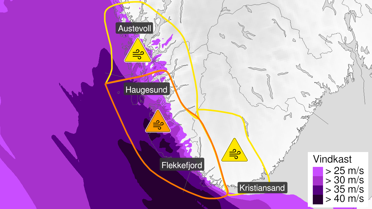 Kart over Mulighet for ekstremt kraftige vindkast, oransje nivå, Deler av Rogaland og vest i Agder, 2023-12-21T12:00:00+00:00, 2023-12-21T23:00:00+00:00