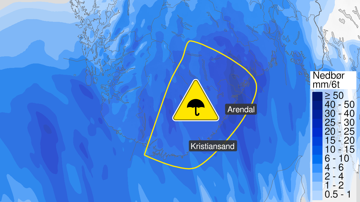Map over Heavy rain, yellow level, Parts of Southern Norway, 2024-07-10T05:00:00+00:00, 2024-07-10T09:00:00+00:00
