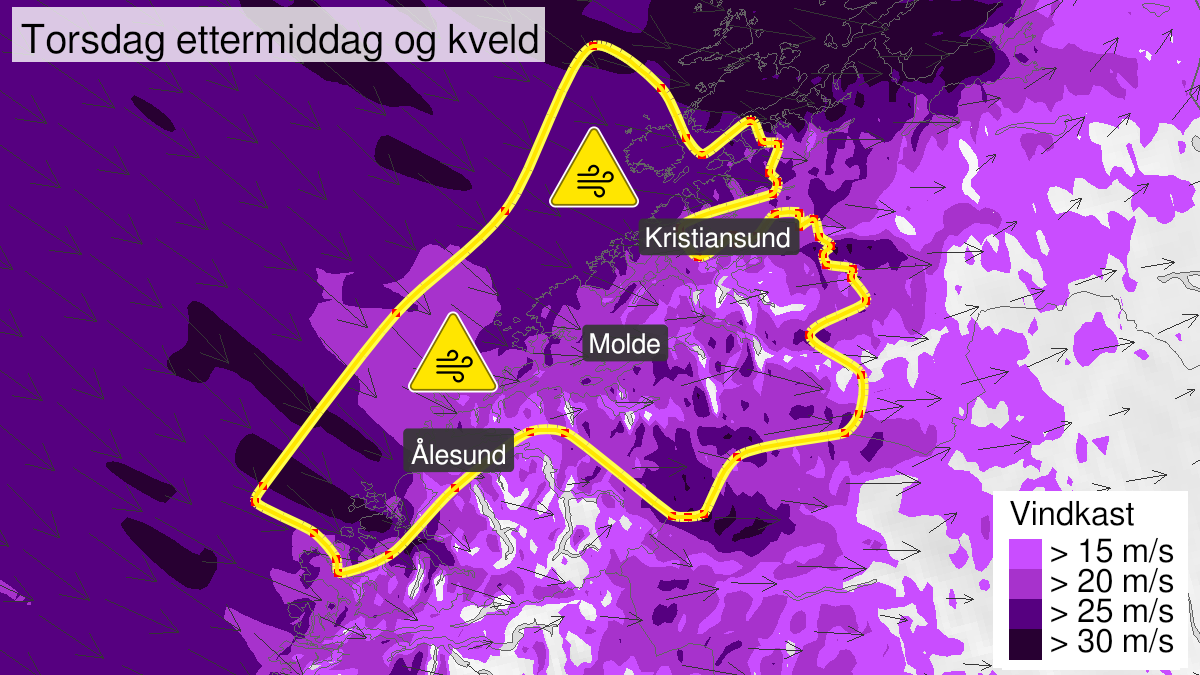 Kart over Kraftige vindkast, gult nivå, Deler av Møre og Romsdal, 2023-02-09T16:00:00+00:00, 2023-02-09T23:00:00+00:00