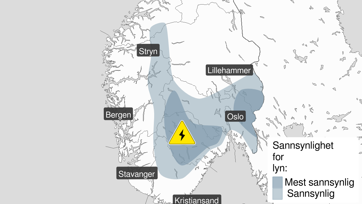 Kart over Mye lyn, gult nivå, Deler av Sør-Norge, 2023-08-05T10:00:00+00:00, 2023-08-05T18:00:00+00:00