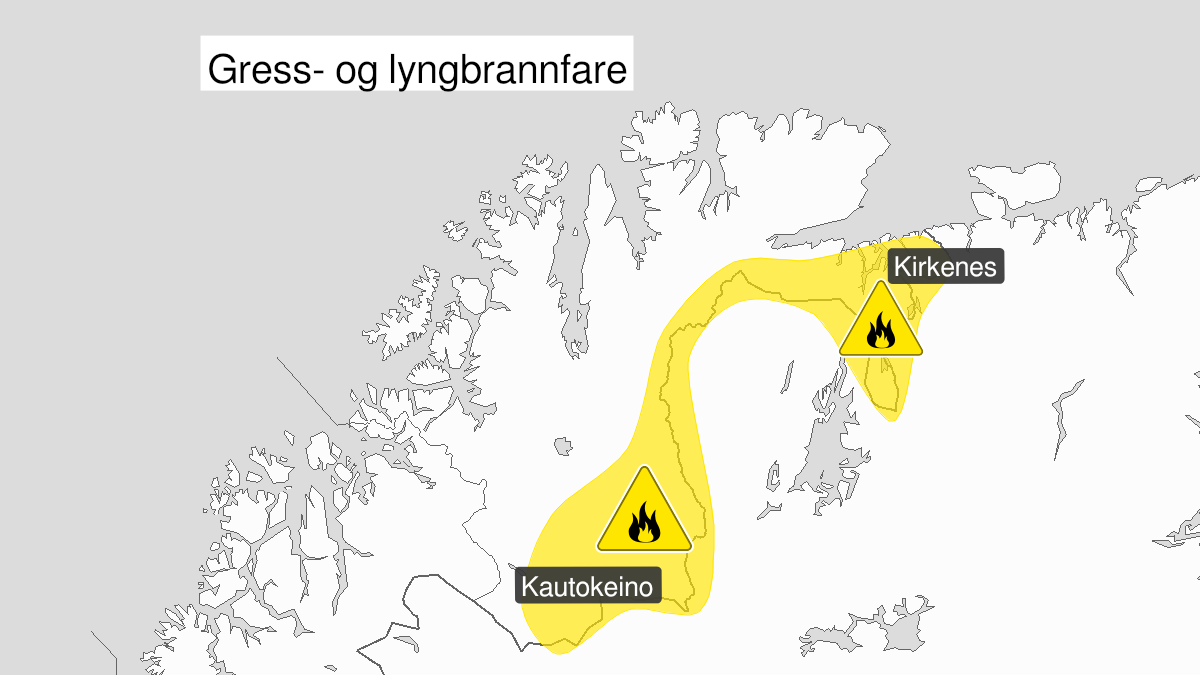 Kart over Skogbrannfare, gult nivå, Indre strøk av Finnmark, 2024-05-23T11:01:00+00:00, 2024-05-31T22:00:00+00:00