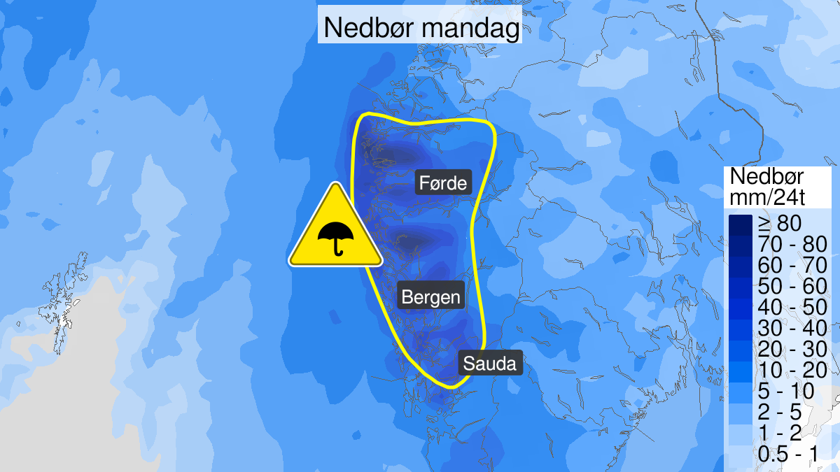Kart over Mye regn, gult nivå, Deler av Vestland og nordlige Rogaland, 2023-09-25T00:00:00+00:00, 2023-09-26T00:00:00+00:00