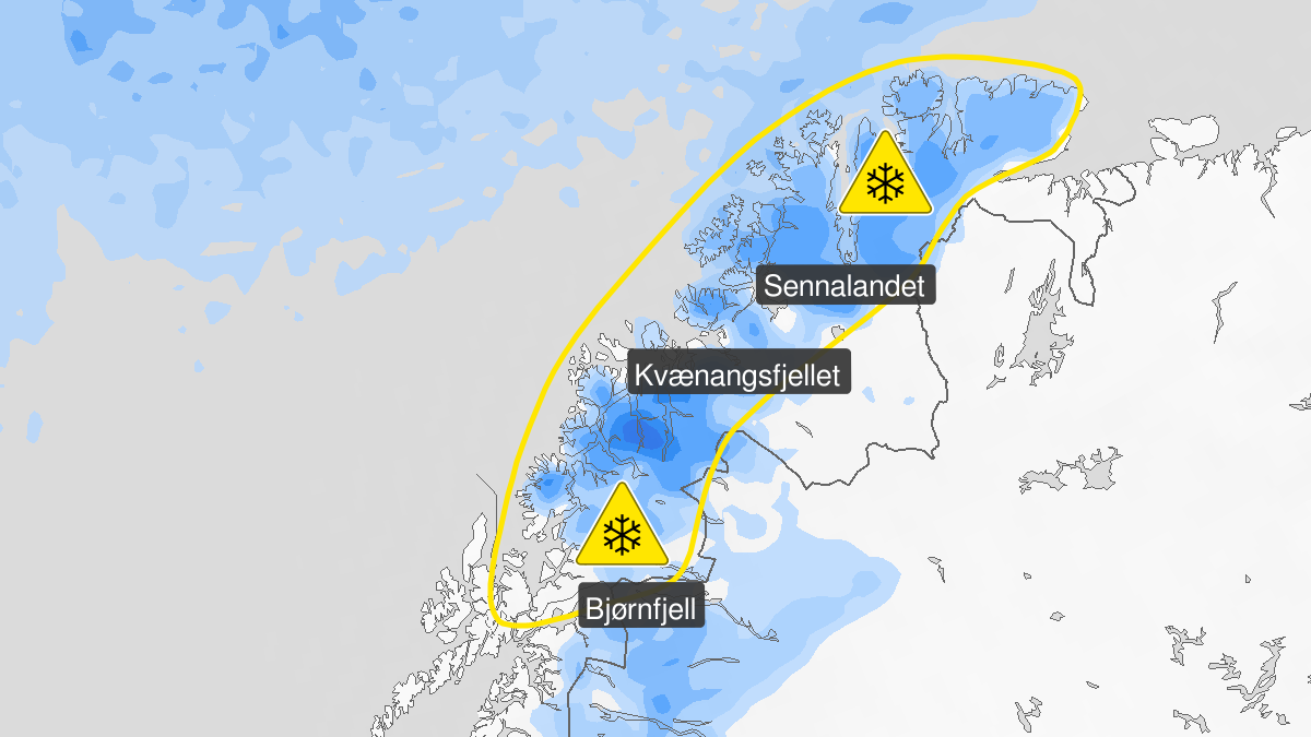 Kart over Snø, gult nivå, Store deler av Troms og Finnmark, 2023-10-04T12:00:00+00:00, 2023-10-06T12:00:00+00:00