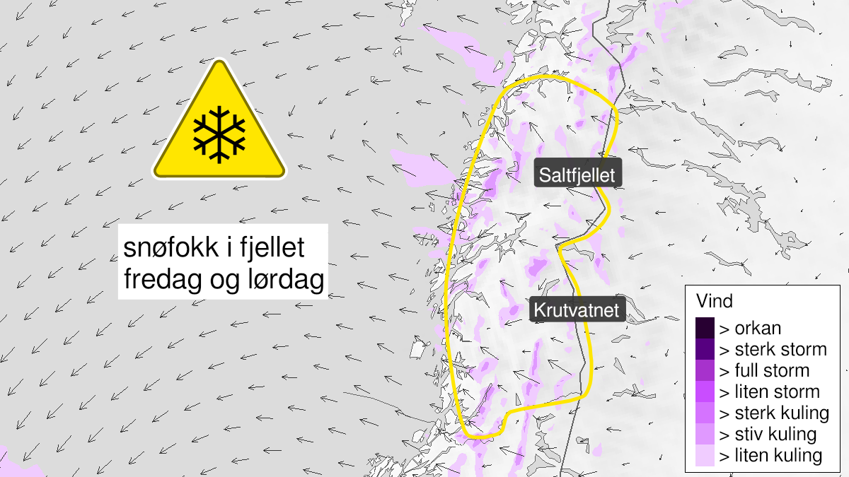 Map over Downgraded alert warning for blowing snow, mountain areas in southern part of Nordland