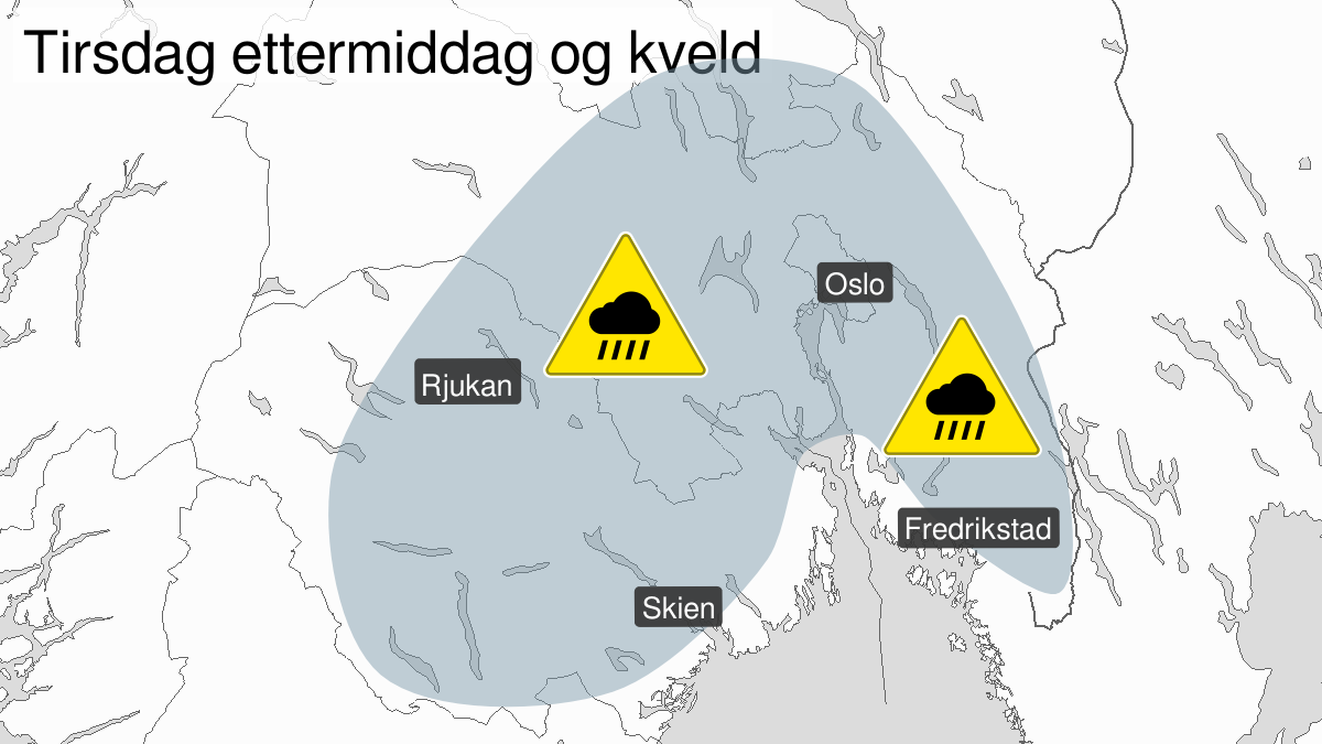 Kart over styrtregn, gult nivå, Telemark, Buskerud, Vestfold, Østfold, Oslo, Akershus og Oppland, 30 June 10:00 UTC til 30 June 19:00 UTC.