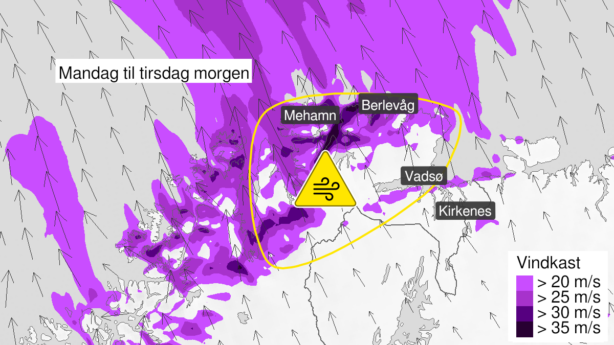 Kart over kraftige vindkast, gult nivå, Øst-Finnmark, 22 February 00:00 UTC til 23 February 06:00 UTC.
