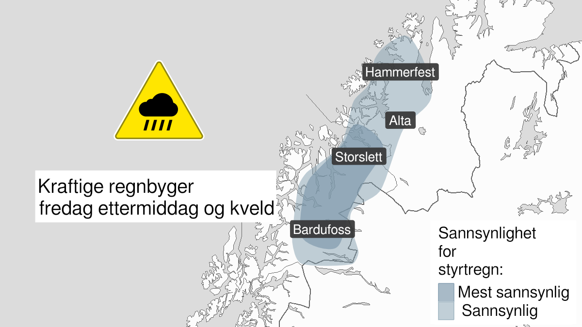 Kart over Styrtregn, gult nivå, deler av Troms og Vest-Finnmark, 2024-07-19T10:00:00+00:00, 2024-07-19T21:00:00+00:00