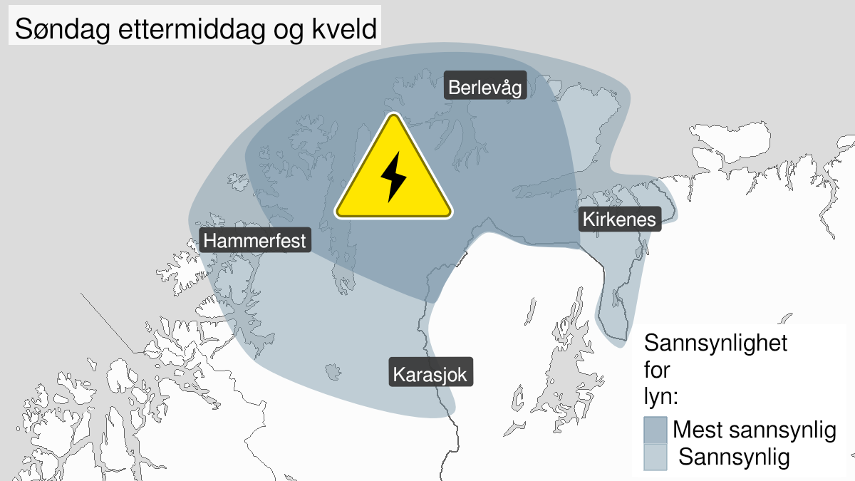 Kart over Mye lyn pågår, gult nivå, store deler av Finnmark, 2024-07-28T08:00:00+00:00, 2024-07-28T22:00:00+00:00