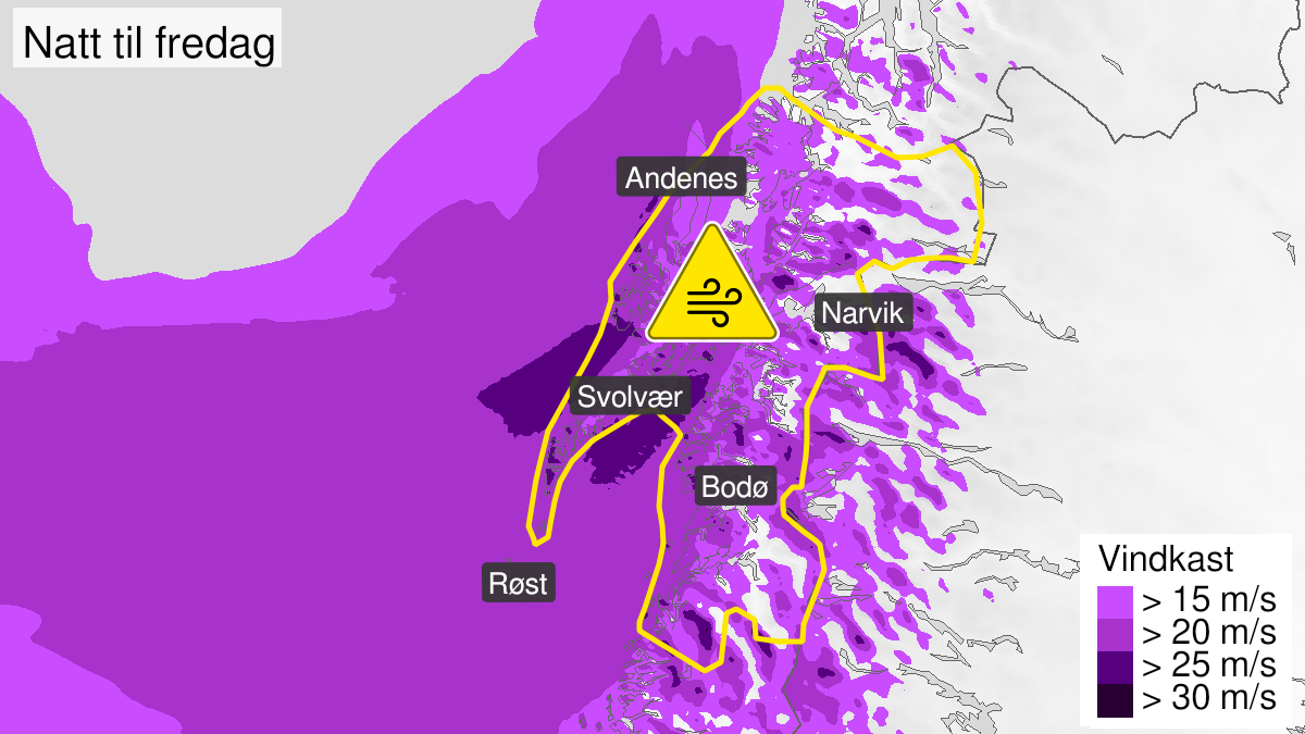 Kart over kraftige vindkast, gult nivå, Salten, Ofoten, Lofoten, Vesterålen og Sør-Troms, 15 July 18:00 UTC til 16 July 08:00 UTC.
