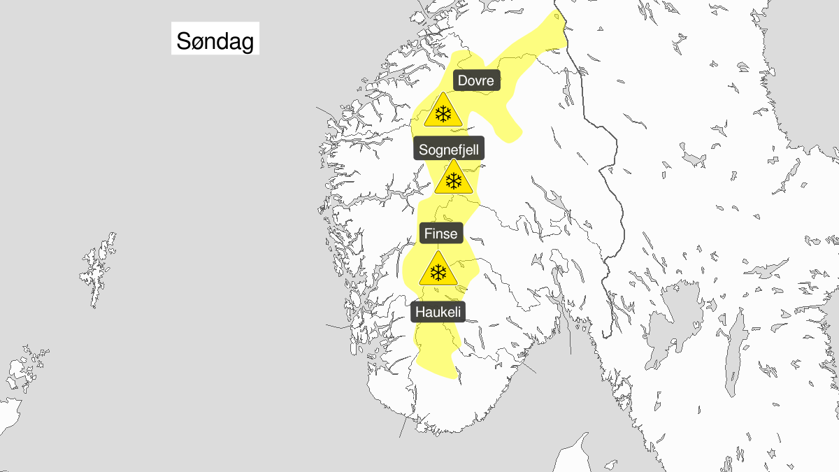 Kraftig snøfokk, gult nivå, Fjellet i Sør-Norge, 14 March 23:00 UTC til 15 March 17:00 UTC.