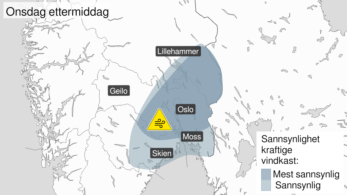 Kart over Kraftige vindkast, gult nivå, Deler av Østlandet, 2022-07-13T10:00:00+00:00, 2022-07-13T15:00:00+00:00