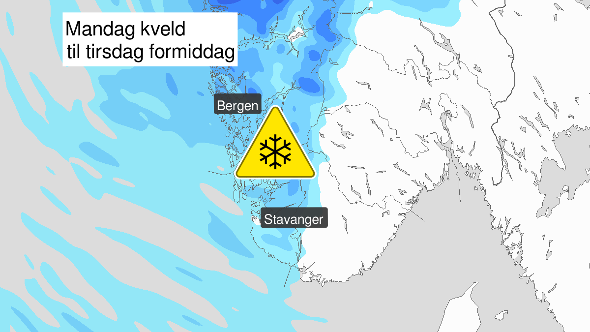 Map of heavy snow, yellow level, Rogaland and Hordaland, 11 May 21:00 UTC to 12 May 09:00 UTC.