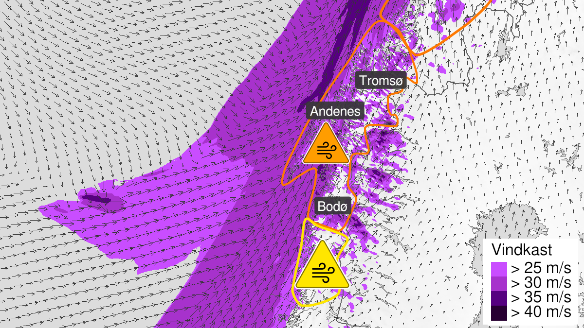 Kart over svært kraftige vindkast, oransje nivå, Saltfjellet, Salten, Lofoten, Ofoten og Vesterålen og Troms, 23 January 14:00 UTC til 24 January 04:00 UTC.