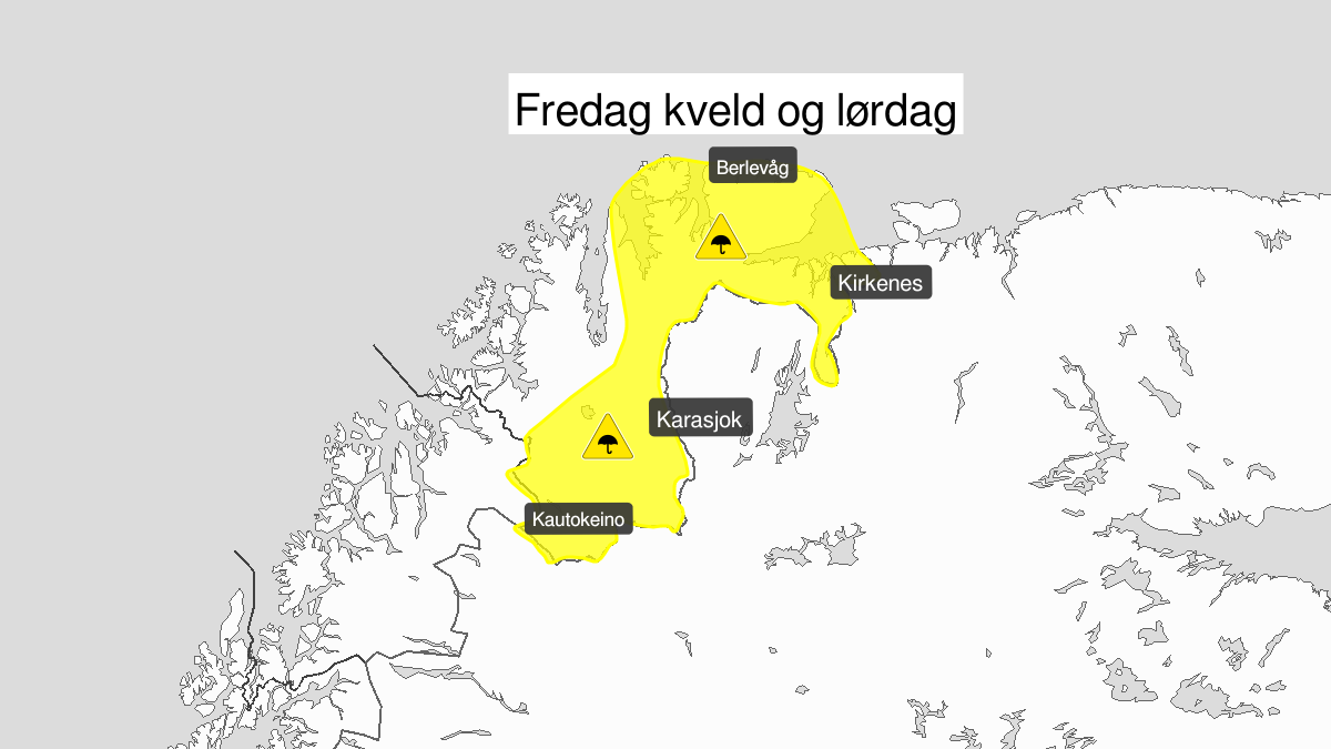 Heavy rainshowers, yellow level, Oest-Finnmark and Finnmarksvidda, 07 June 17:00 UTC to 08 June 22:00 UTC.