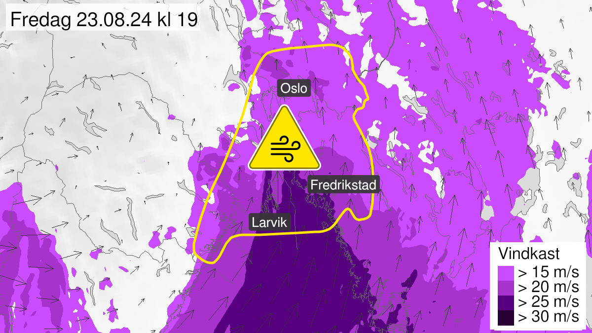 Map over Strong wind gusts, yellow level, Parts of southeast Norway, 2024-08-23T15:00:00+00:00, 2024-08-23T20:00:00+00:00