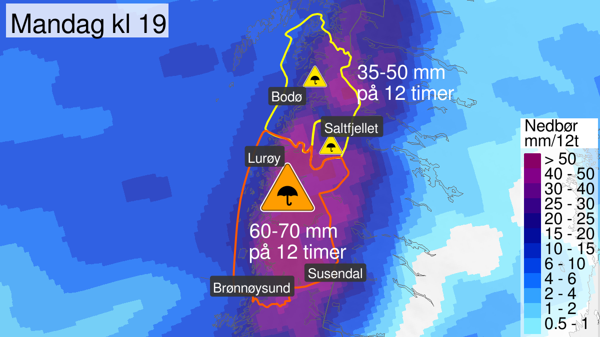 Mye regn, gult nivå, Saltfjellet, Salten, 20 January 09:00 UTC til 20 January 23:00 UTC.