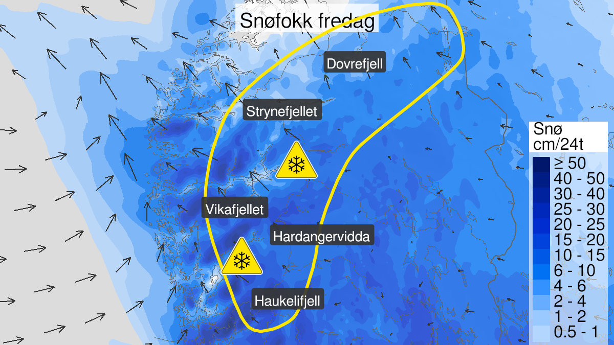 Map over Blowing snow, yellow level, Mountainous areas in South Norway, 2023-01-06T00:00:00+00:00, 2023-01-07T03:00:00+00:00