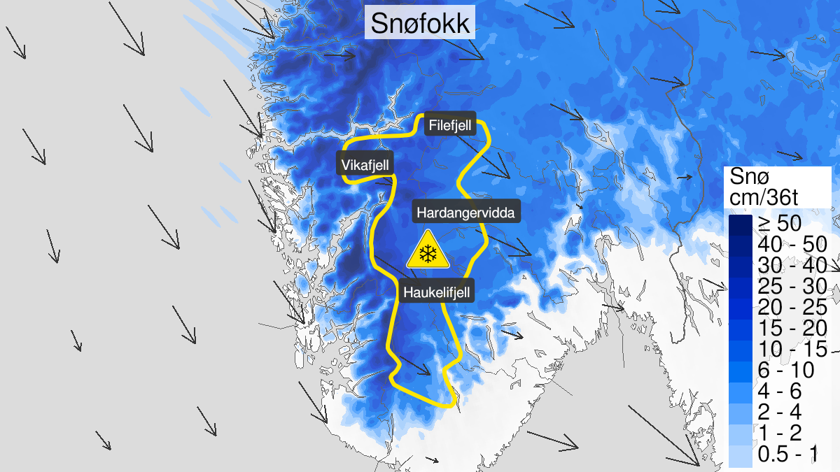 Map over Blowing snow ongoing, yellow level, Mountains in South-Norway south of Jotunheimen, 2023-02-17T09:00:00+00:00, 2023-02-18T18:00:00+00:00