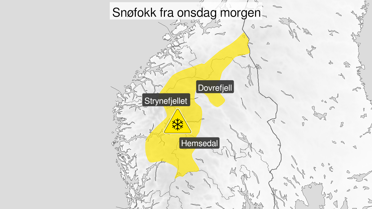 Map over Blowing snow, yellow level, Mountains in South-Norway, 2023-01-04T05:00:00+00:00, 2023-01-05T03:00:00+00:00