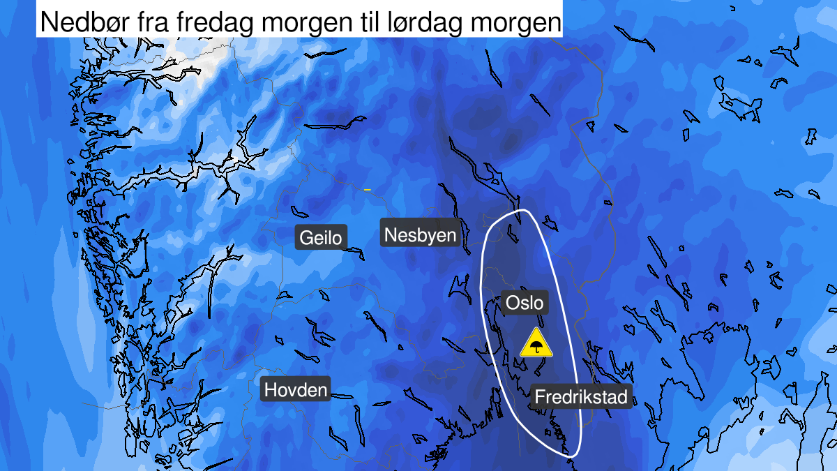 Map of heavy rain, yellow level, Oestfold, Akershus and Oslo, 01 October 08:00 UTC to 02 October 08:00 UTC.