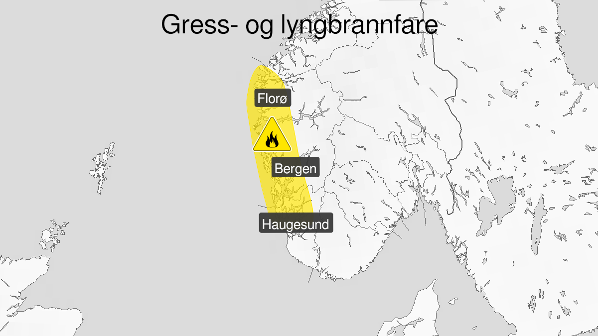 Kart over Skogbrannfare, gult nivå, Deler av Vestland og Rogaland, 2024-04-26T08:00:00+00:00, 2024-04-29T06:00:00+00:00