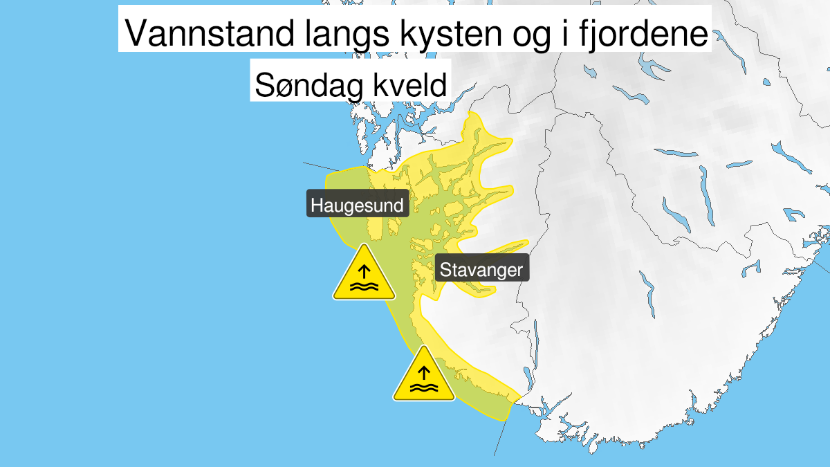 Kart over Høy vannstand, gult nivå, Kyst- og fjordstrøk i Rogaland, 2024-04-07T15:00:00+00:00, 2024-04-07T20:00:00+00:00