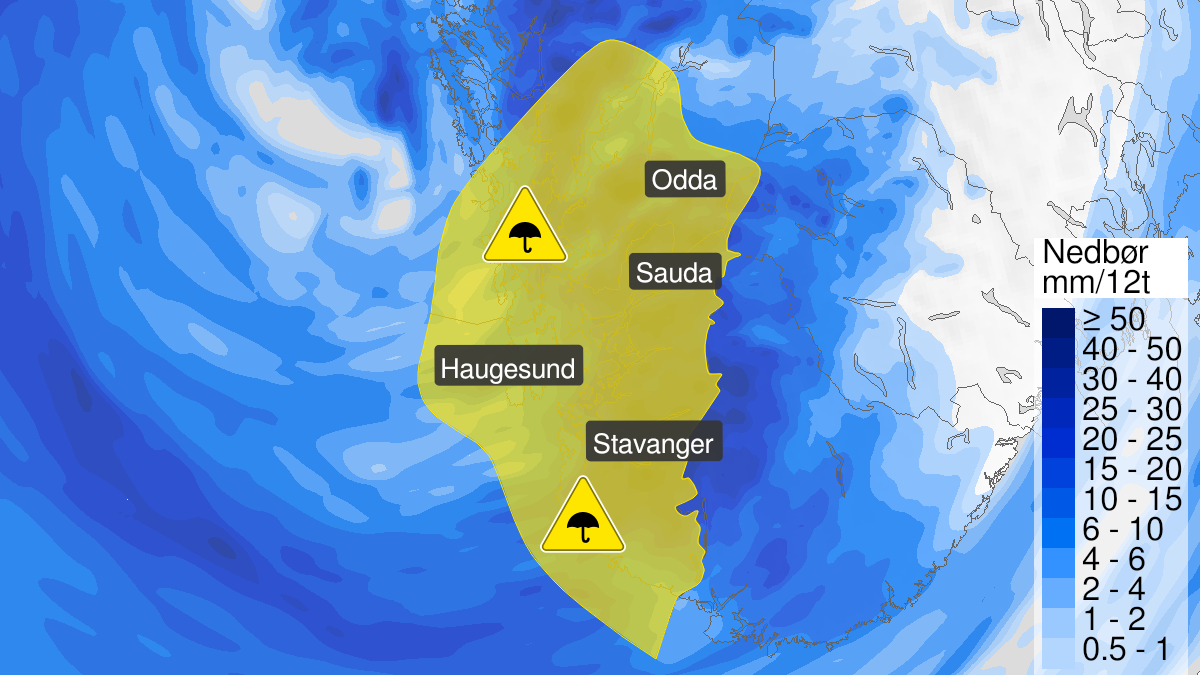 Kart over Mye regn, gult nivå, Rogaland og sørlige deler av Vestland, 2024-09-10T21:00:00+00:00, 2024-09-11T15:00:00+00:00