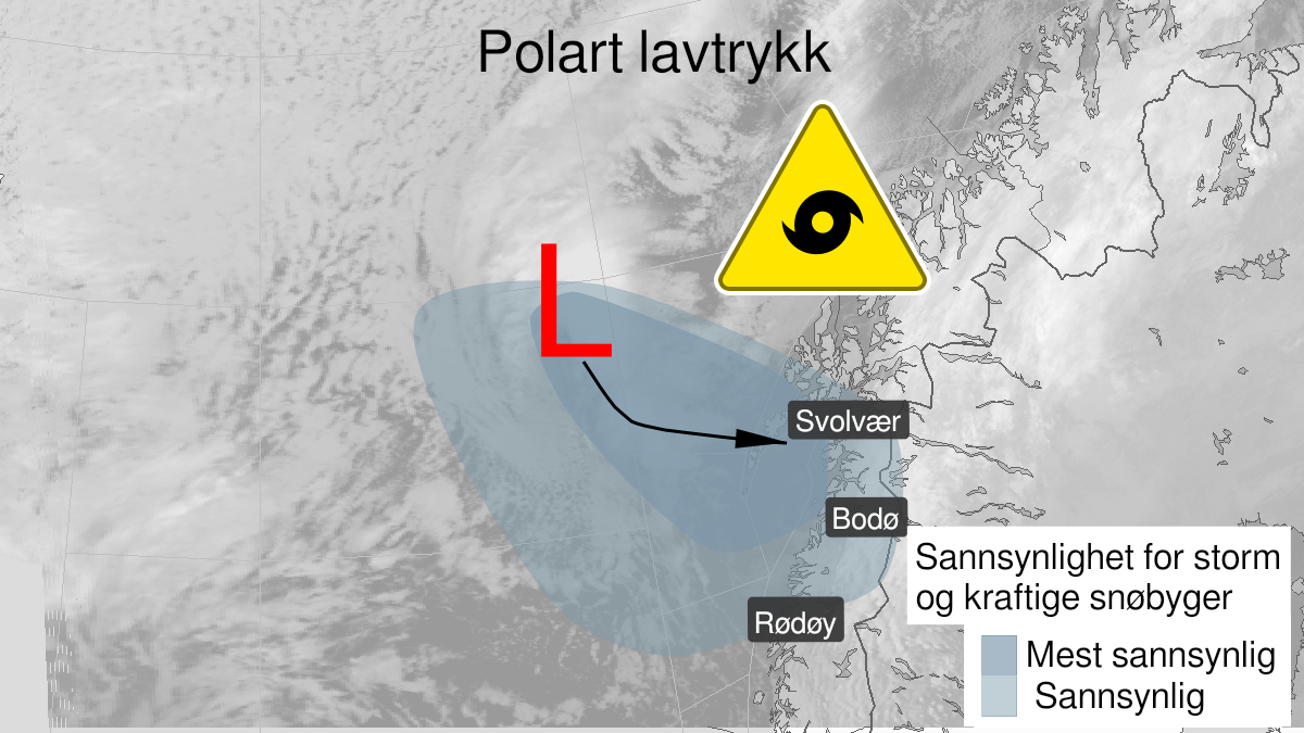 Map over Polar low, yellow level, E3, F3, Dype E4, Vesteraalsbankene, Roestbanken, Ytre Vestfjorden, Traenabanken, parts of Lofoten, Salten and Northern Helgeland, 2024-03-14T21:00:00+00:00, 2024-03-16T02:00:00+00:00