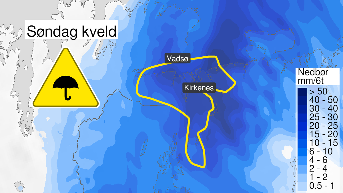 Kart over mye regn, gult nivå, Sør-Varanger, 18 July 14:00 UTC til 19 July 00:00 UTC.