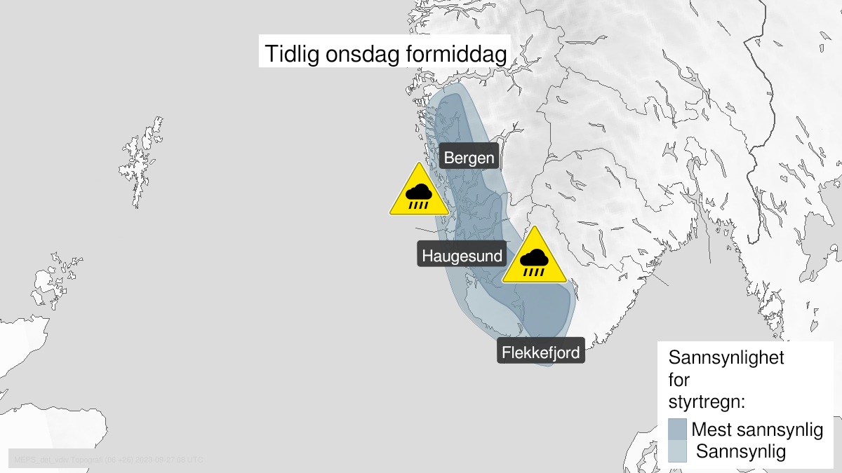 Map over Heavy rainshowers, yellow level, Parts of Vestland county, Rogaland and Agder, 2023-09-26T22:00:00+00:00, 2023-09-27T07:00:00+00:00