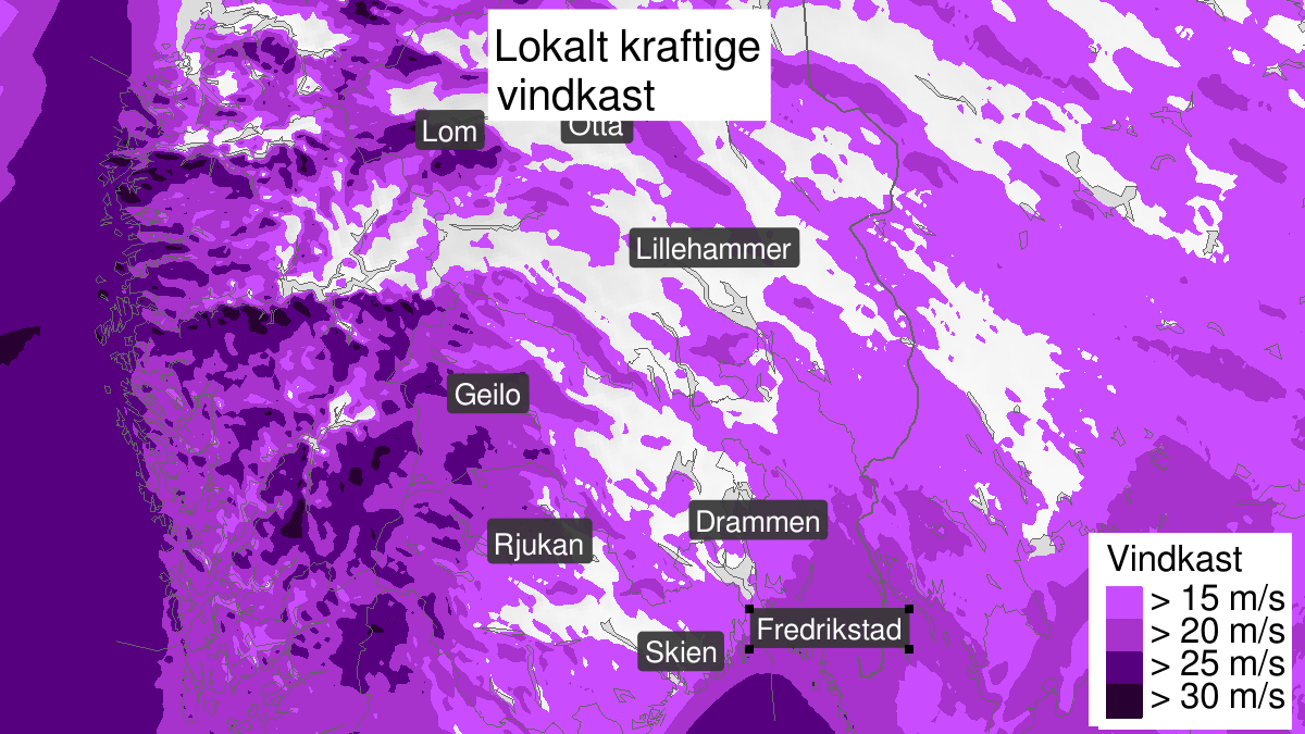 Kraftige vindkast, gult nivå, Telemark, Buskerud og Oppland, 17 February 11:00 UTC til 17 February 17:00 UTC.
