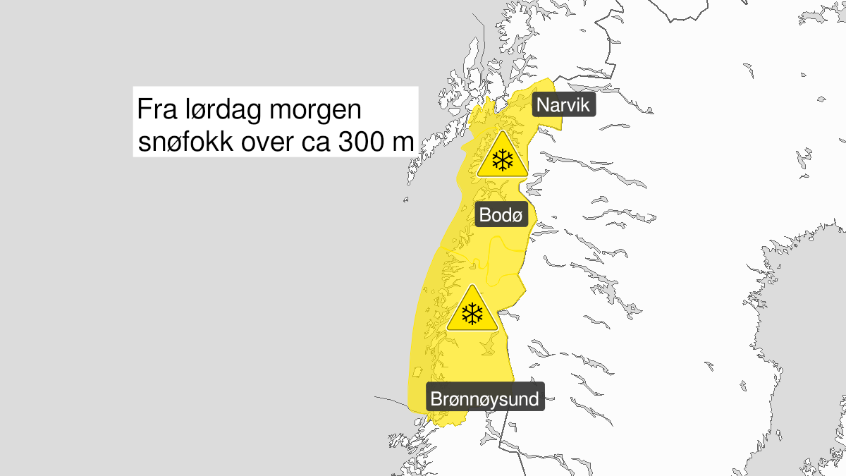 Map of blowing snow, yellow level, Helgeland, Saltfjellet, Salten and Ofoten, 26 December 06:00 UTC to 27 December 23:00 UTC.