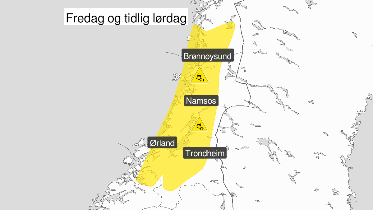 Kart over Is, gult nivå, Deler av Trøndelag, nord i Møre og Romsdal og sør i Nordland, 2023-12-15T10:00:00+00:00, 2023-12-16T08:00:00+00:00
