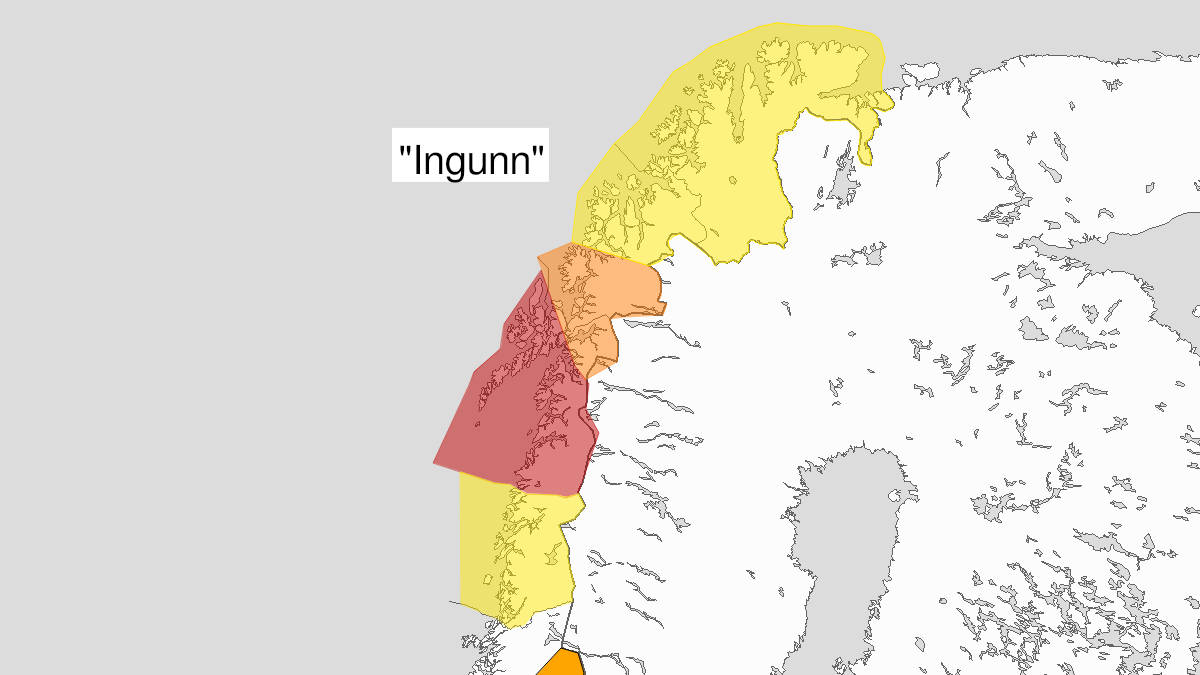Kart over Ekstremt kraftige vindkast, rødt nivå, Nordlige deler av Nordland , 2024-02-01T05:00:00+00:00, 2024-02-01T14:00:00+00:00