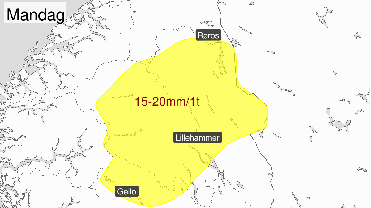Kraftige regnbyger, gult nivå, Buskerud, Oppland og Hedmark, 12 August 14:00 UTC til 12 August 22:00 UTC.