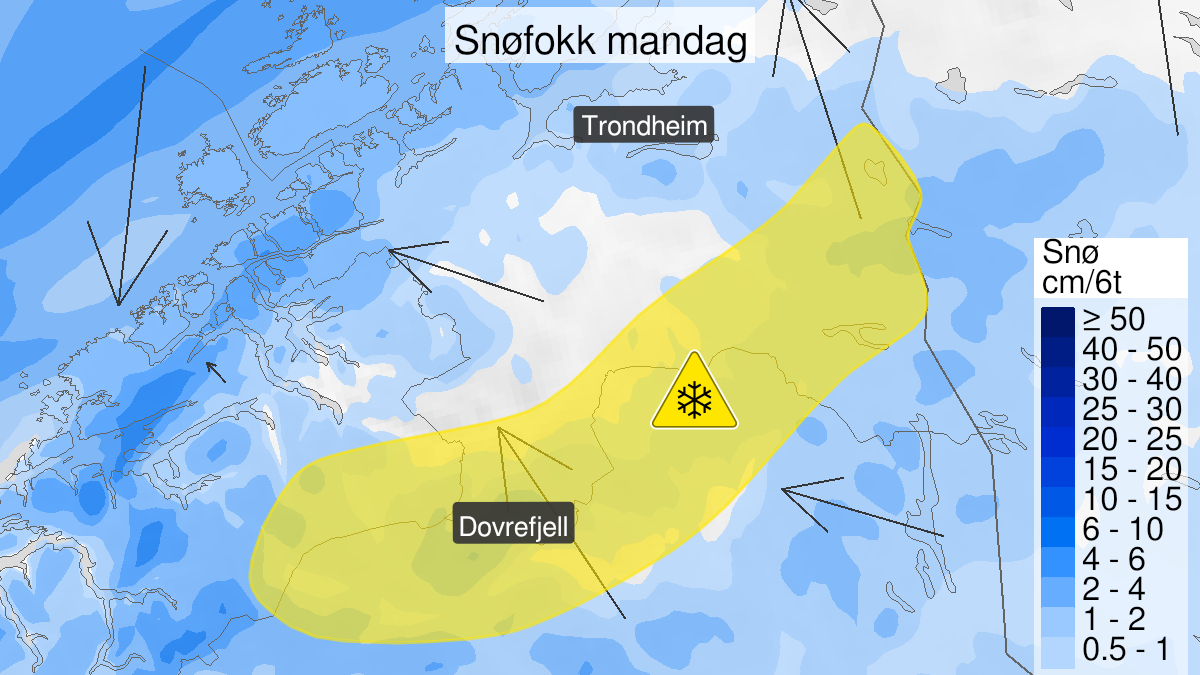 Map over Blowing snow, yellow level, Mountain areas in parts of Southern Norway, 2023-03-12T23:00:00+00:00, 2023-03-13T11:00:00+00:00