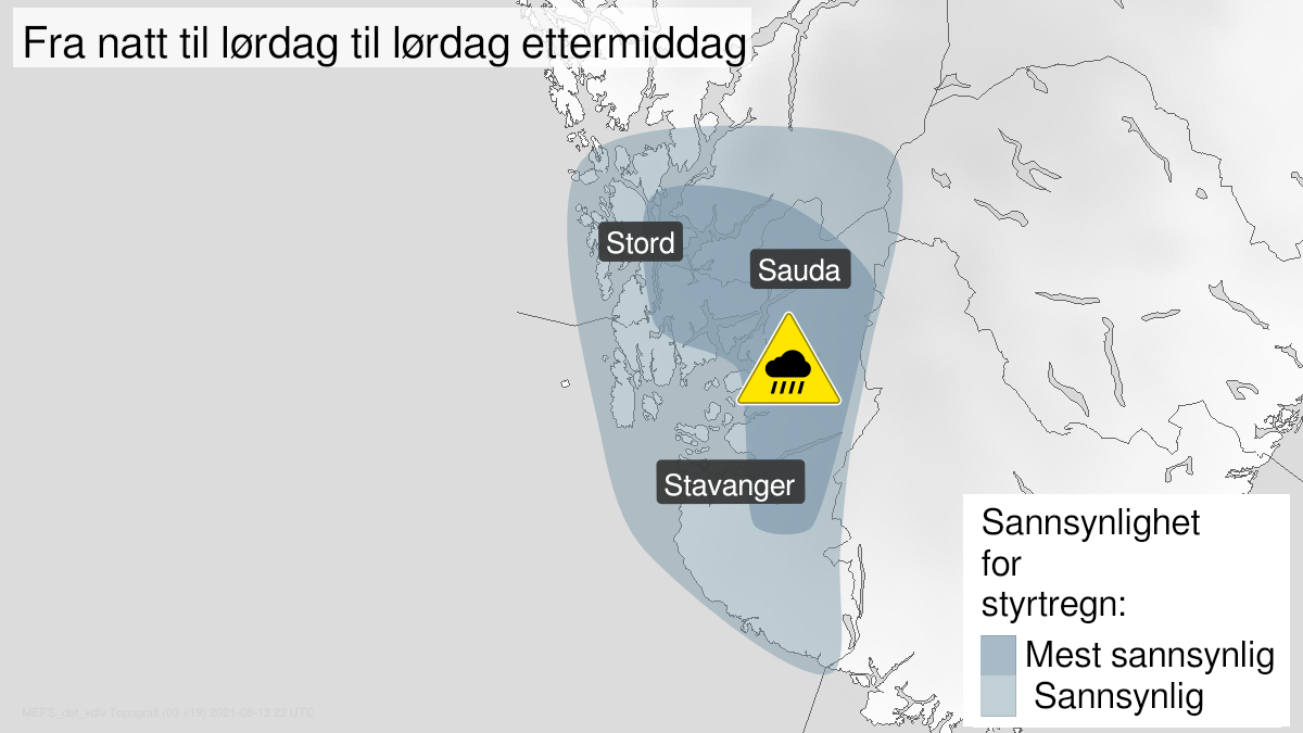 Map of heavy rainshowers, yellow level, Rogaland and Sunnhordland, 14 August 03:00 UTC to 14 August 12:00 UTC.