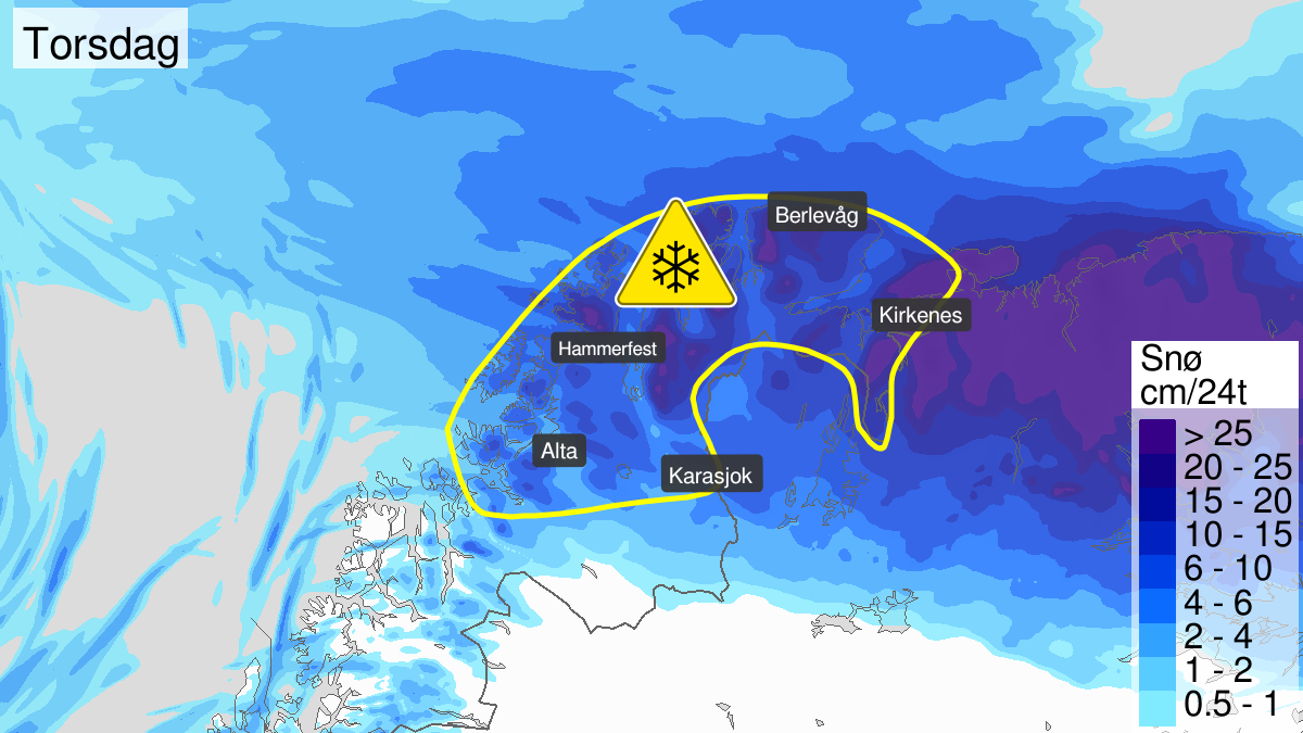 Map of heavy snow, yellow level, Finnmark, 14 May 00:00 UTC to 15 May 12:00 UTC.