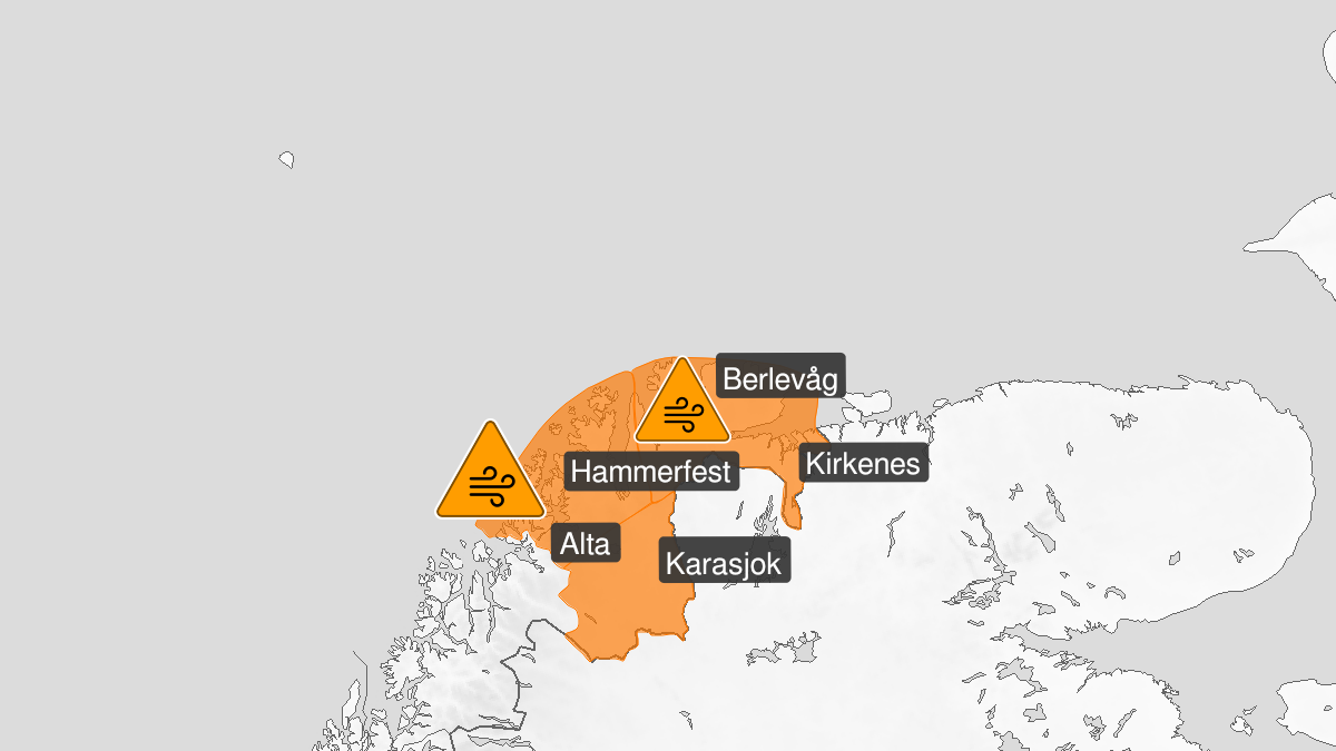 Kart over svært kraftige vindkast, oransje nivå, Finnmark, 23 January 15:00 UTC til 24 January 06:00 UTC.