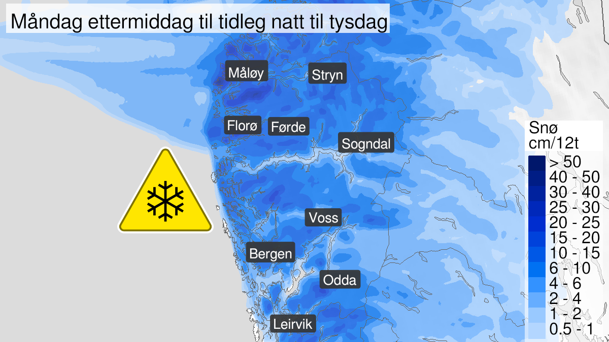 Kart over snø, gult nivå, Hordaland, 29 November 14:00 UTC til 30 November 01:00 UTC.