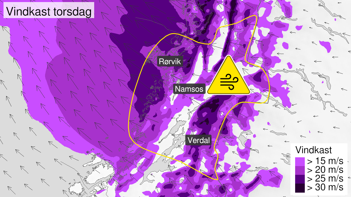Kart over Kraftige vindkast, gult nivå, Nordlige Trøndelag, 2022-12-29T06:00:00+00:00, 2022-12-29T21:00:00+00:00
