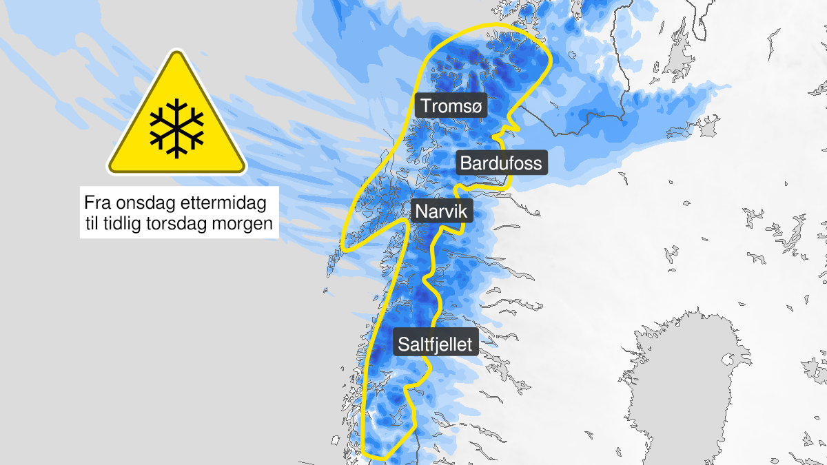 Map over Snow, yellow level, Troms and parts of Nordland, 2023-05-31T12:00:00+00:00, 2023-06-01T03:00:00+00:00