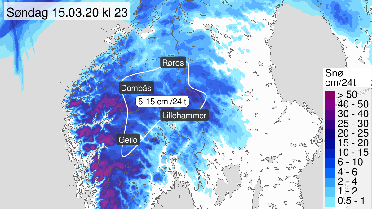Heavy snow, yellow level, Buskerud, Oppland and Hedmark, 14 March 23:00 UTC to 15 March 23:00 UTC.