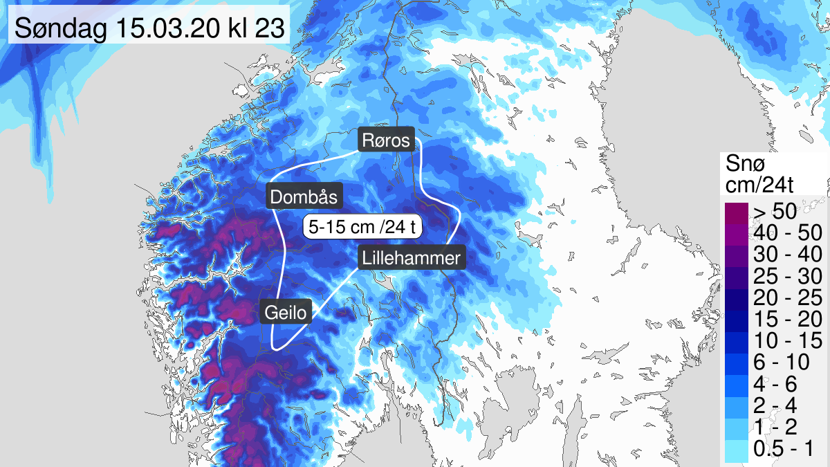 Mye snø, gult nivå, Buskerud, Oppland og Hedmark, 14 March 23:00 UTC til 15 March 23:00 UTC.