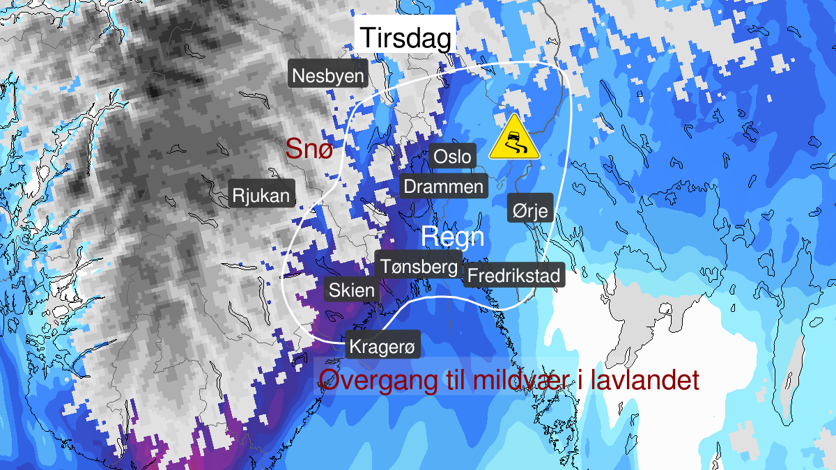 Is, gult nivå, Telemark, Vestfold, Østfold, Oslo, Akershus og Buskerud, 12 November 05:00 UTC til 12 November 23:00 UTC.