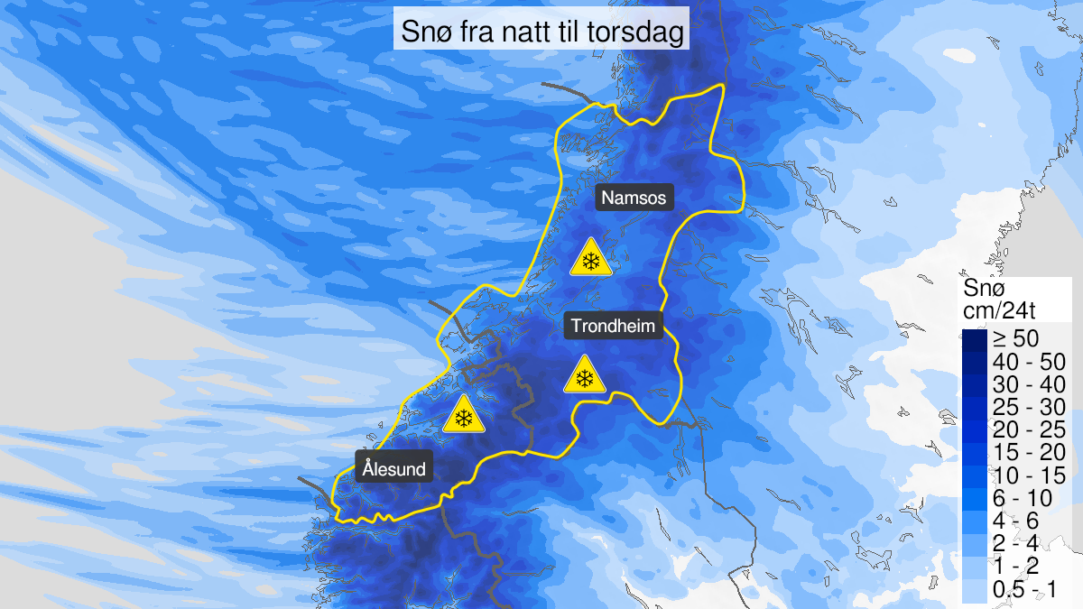 Kart over Snø, gult nivå, Møre og Romsdal og Trøndelag, 2024-02-01T00:00:00+00:00, 2024-02-02T03:00:00+00:00