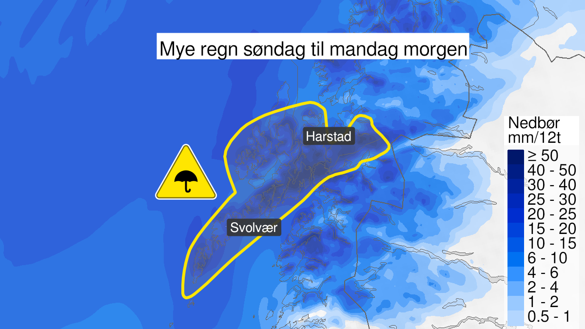 Kart over Mye regn, gult nivå, Lofoten, Ofoten og deler av Sør-Troms, 2024-01-28T11:00:00+00:00, 2024-01-29T05:00:00+00:00