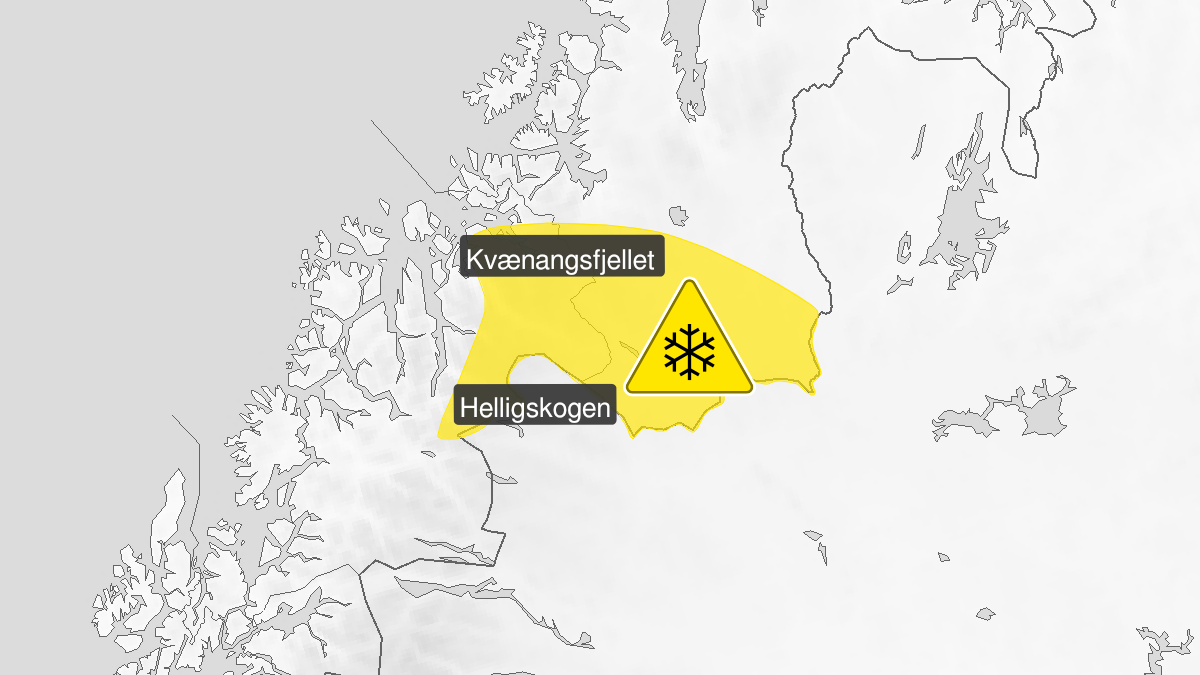 Kart over Snø, gult nivå, Høyereliggende områder sør på Finnmarksvidda og i Nord-Troms, 2024-09-23T19:00:00+00:00, 2024-09-24T07:00:00+00:00