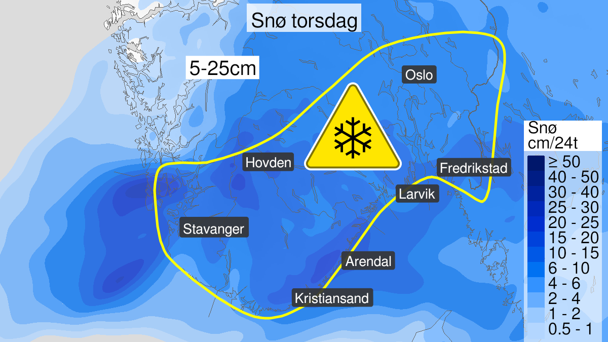 Map over Snow, yellow level, Agder, parts of Østlandet and Rogaland, 2024-04-04T04:00:00+00:00, 2024-04-04T22:00:00+00:00