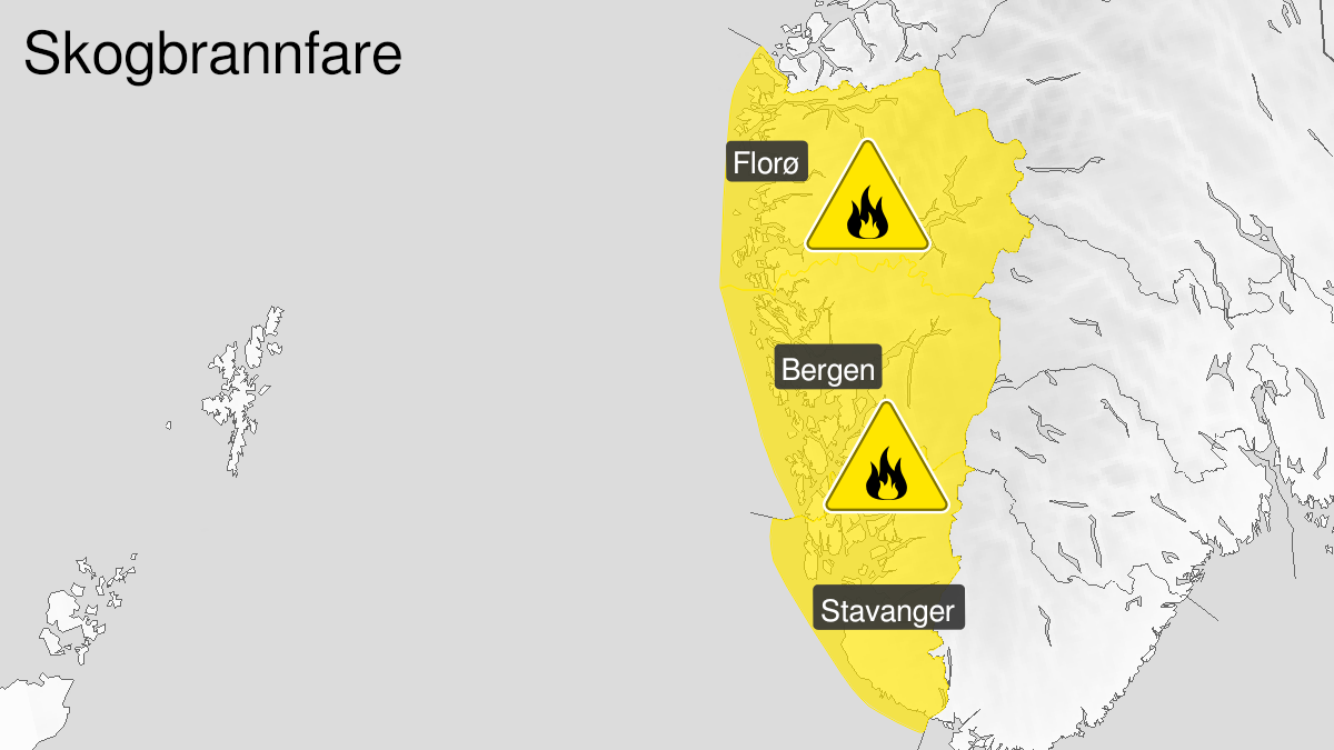 Kart over skogbrannfare ventes, gult nivå, Vestlandet sør for Stad, 11 March 13:00 UTC til 16 March 12:00 UTC.
